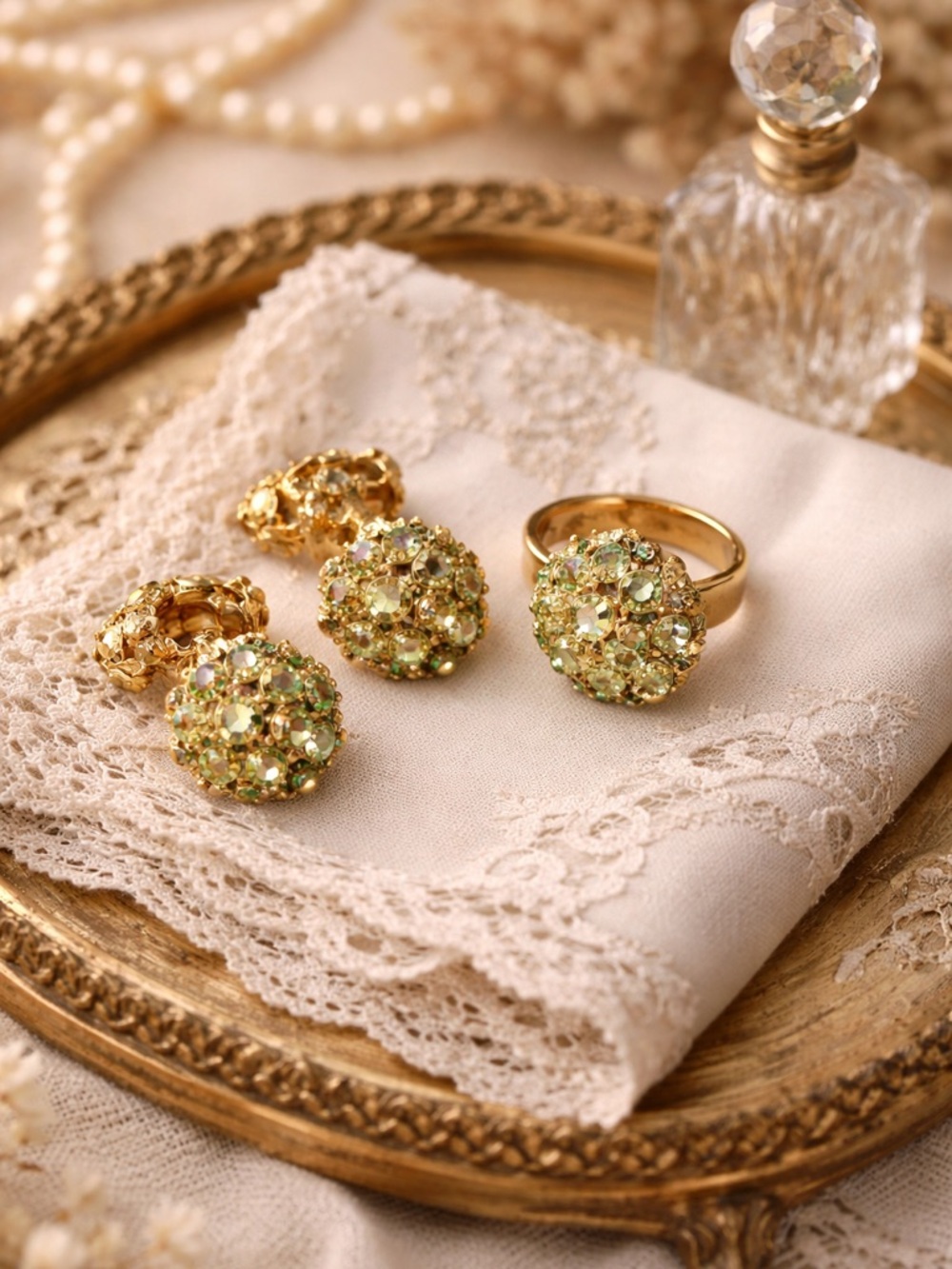 Vintage Gold Green Rhinestone Clip Earrings w/ Matching Adjustable Ring Set